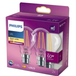 2 ampoules LED à filament A60 B22 806lm = 60W Ø6cm blanc chaud Philips