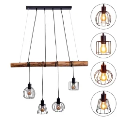 4 lampes suspendues WOODLAND metal et bois noir douilles E27 naturelles pour salon salle à manger entree bureau 100 cm