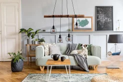 4 lampes suspendues WOODLAND metal et bois noir douilles E27 naturelles pour salon salle à manger entree bureau 100 cm