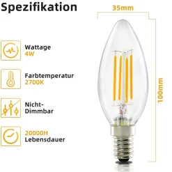 10 x Ampoule LED NETTLIFE E14, ampoule blanche chaude, lampe bougie, 4 W, 2700 K, filament rétro