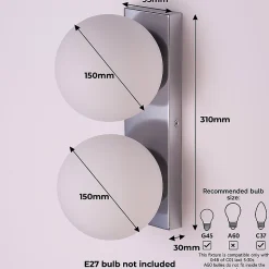 ALPINALUZ Applique Murale Double Sphère en Verre Opale et Base Rectangulaire Chromée, E27