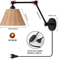 ALPINALUZ Applique murale avec bras oscillant et abat-jour en rotin Style rustique, douille E27 avec câble, prise et interrupteur