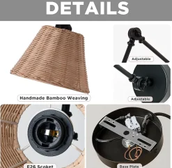 ALPINALUZ Applique murale avec bras oscillant et abat-jour en rotin Style rustique, douille E27 avec câble, prise et interrupteur