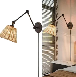 ALPINALUZ Applique murale avec bras oscillant et abat-jour en rotin Style rustique, douille E27 avec câble, prise et interrupteur