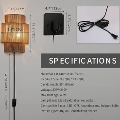 ALPINALUZ Applique murale en corde de jute avec prise et interrupteur Lampe artisanale style rustique bohème, douille E27