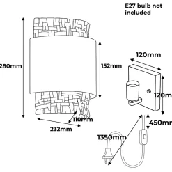 ALPINALUZ Applique murale avec en rotin et tissu, avec câble, prise et interrupteur Style bohème , douille E27