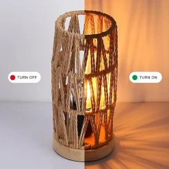 ALPINALUZ Lampe de Table Décorative en Rotin Naturel Design Bohème Vintage avec Base en Bois, Douille E27