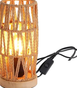 ALPINALUZ Lampe de Table Décorative en Rotin Naturel Design Bohème Vintage avec Base en Bois, Douille E27