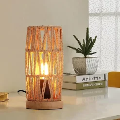 ALPINALUZ Lampe de Table Décorative en Rotin Naturel Design Bohème Vintage avec Base en Bois, Douille E27