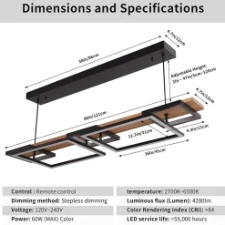 ALPINALUZ Suspension LED 60W en bois, rectangulaire à 2 niveaux avec 5 lumières, lumière réglable avec télécommande