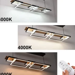 ALPINALUZ Suspension LED 60W en bois, rectangulaire à 2 niveaux avec 5 lumières, lumière réglable avec télécommande