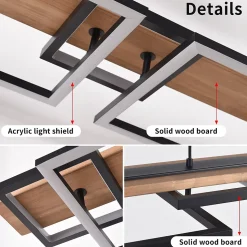 ALPINALUZ Suspension LED 60W en bois, rectangulaire à 2 niveaux avec 5 lumières, lumière réglable avec télécommande