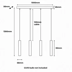 ALPINALUZ Suspension Linéaire Quadruple Design Minimaliste avec Tubes de 30cm Douille GU10 Noir Mat