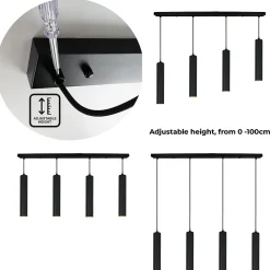 ALPINALUZ Suspension Linéaire Quadruple Design Minimaliste avec Tubes de 30cm Douille GU10 Noir Mat