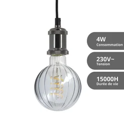 Ampoule Filament LED déco verre ciselé G95, culot E27, 240 Lumens, conso. 3W (equivalence 25W), Blanc chaud