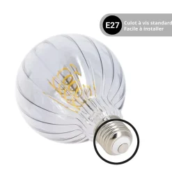 Ampoule Filament LED déco verre ciselé G95, culot E27, 240 Lumens, conso. 3W (equivalence 25W), Blanc chaud