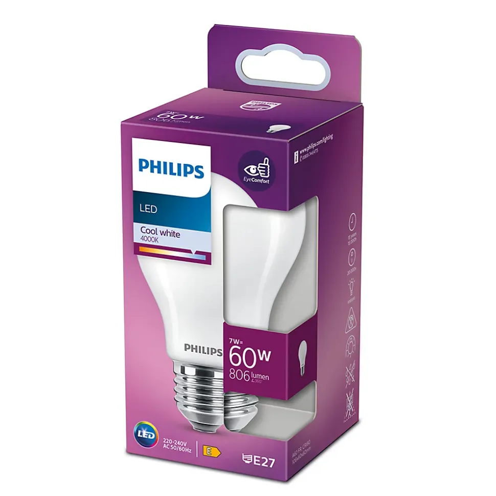 Ampoule LED E27 A60 806lm 7W = 60W IP20 blanc froid Philips