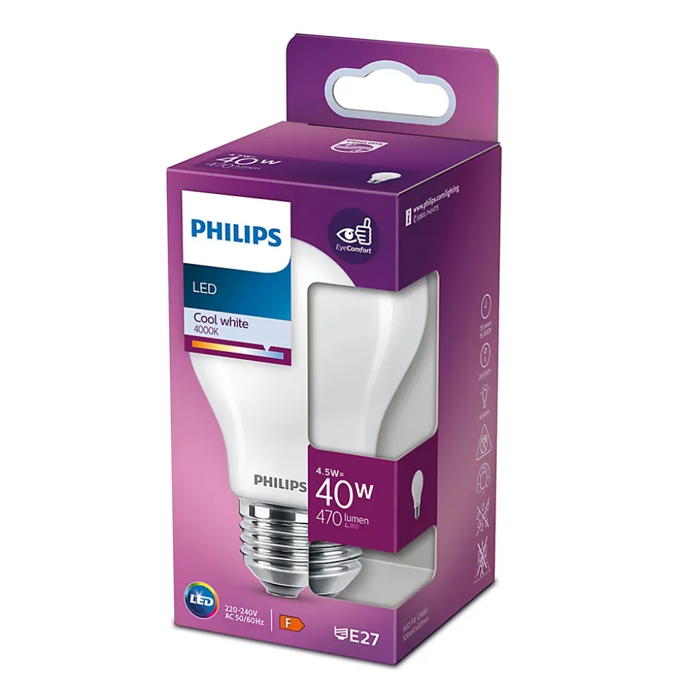 Ampoule LED E27 IP20 A60 4,5W 470lm blanc froid Philips Ø10cm
