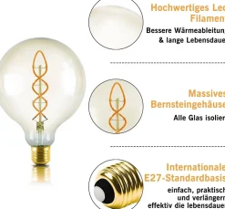 Ampoule LED NETTLIFE Lampe LED E27 Ampoule : G125 Ampoule Edison Vintage 4W