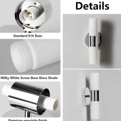 Applique de salle de bain design moderne 30 cm, structure métallique chromée avec diffuseurs en verre opalin, 2xE14, IP44