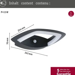 Applique d'extérieur LED Akena Détecteur de mouvement crépusculaire (IR) IP44 243x254mm 3000K 11W 800lm 230V Anthracite Aluminium