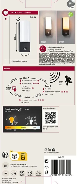 Applique d'extérieur LED Bonnie Détecteur de mouvement crépusculaire (IR) favorable aux insectes IP44 93x263mm 2200 - 3000K 8,5W 5
