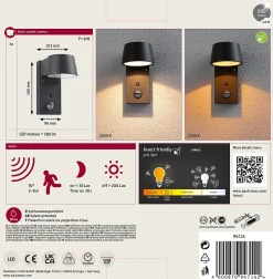 Applique d'extérieur LED Capea Détecteur de mouvement crépusculaire (IR) favorable aux insectes IP44 96x165mm Tunable Warm 6W 450l