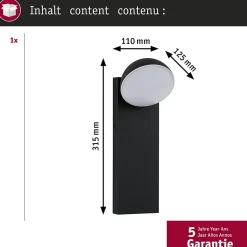 Applique d'extérieur LED Puka résistant à l'eau de mer IP44 rond 110x315mm 3000K 8,5W 460lm 230V Anthracite Aluminium