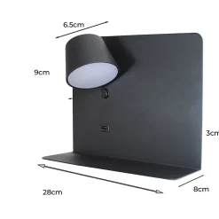 Applique LED en Aluminium Noir Orientable de 6W 2800K avec Interrupteur Base de Charge Grande et Port USB.