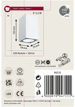 Applique LED Flame favorable aux insectes IP44 carré 58x103mm 2200K 4W 265lm 230V 75 Blanc Métal