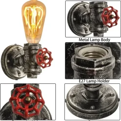 Applique Mural Industriel Robinet Style Steampunk avec Tuyau E27 Finition Dorée Rustique Lumière Rétro pour Chambre et S