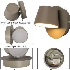 Applique Mural LED avec Projecteur Orientable 6W 2700K Lumière Chaude de Lecture en Aluminium Gris Design Nordique Moder