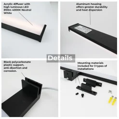 Applique Mural LED Slim pour Salle de Bain et Miroir en Aluminium8W40cmIP44 Lumière Blanche Neutre 4000K Noir