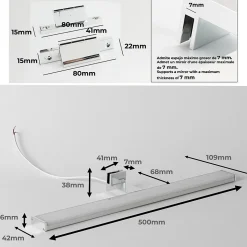 Applique mural LED 12W 50 cm IP44 pour salle de bain miroir et meuble slim en aluminium chromé avec lumière blanche neut