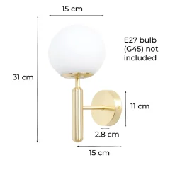 Applique murale avec globe en verre opalin et support doré douille E27 idéale pour chambre salon et couloir.