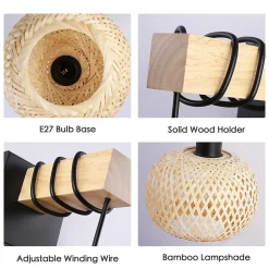Applique Murale avec Support en Bois Naturel et Abat-jour en Osier Suspendu Base en Métal Noir Douille E27 pour Salon Co