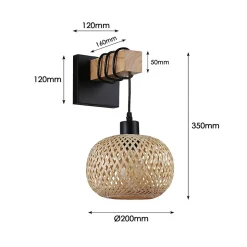 Applique Murale avec Support en Bois Naturel et Abat-jour en Osier Suspendu Base en Métal Noir Douille E27 pour Salon Co