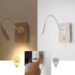 Applique murale blanc et bois avec faisceau de lecture flexible 3W port USB et Type C interrupteur avec puces CREE