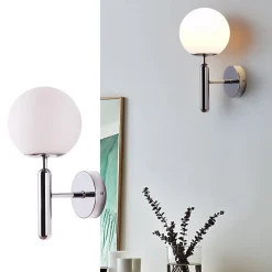 Applique Murale Design Boule en Cristal Opalin et Support Argenté Douille E27 Idéal pour Chambre Salon et Couloir