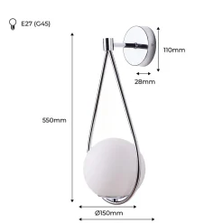 Applique murale design Goutte avec sphère en verre opalin et rosace métallique argentée E27.