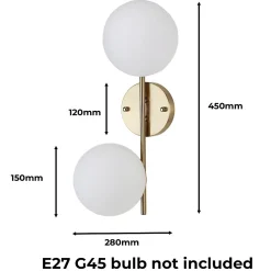 Applique Murale en Acier avec Fini en Laiton et 2 Boules en Cristal Givré OLIVIA E27