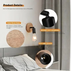 Applique murale en bois avec douille E27, style vintage et rustique