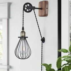 Applique Murale Ferme en Métal avec Cage et Bois Rustique Interrupteur à Câble avec Poulie Élévatrice E27