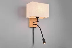 Applique Murale LED, E27 max. 28W + 1x3,1W 310lm 3000K, Bois Naturel et Tissu Blanc - Trio - Nilam