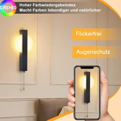 Applique murale LED Nettlife avec interrupteur - Lampe de couloir d'intérieur noire avec interrupteur à tirette