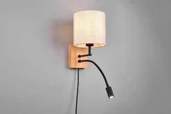 Applique murale LED 1xE27 max. 28W + liseuse 3,1W - Bois naturel et tissu blanc - Trio - Nilam