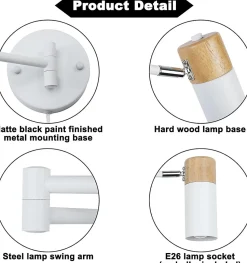 Applique murale moderne avec bras oscillant et câble de prise en bois et aluminium blanc Idéal pour chambre à coucher sa