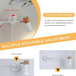 Applique murale moderne avec bras oscillant et câble de prise en bois et aluminium blanc Idéal pour chambre à coucher sa