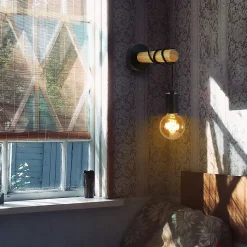 Applique murale NETTLIFE rétro industrielle bois noir métal E27 bureau