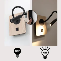 Applique murale noir et bois avec faisceau flexible 3W port USB et Type C interrupteur avec puces CREE.